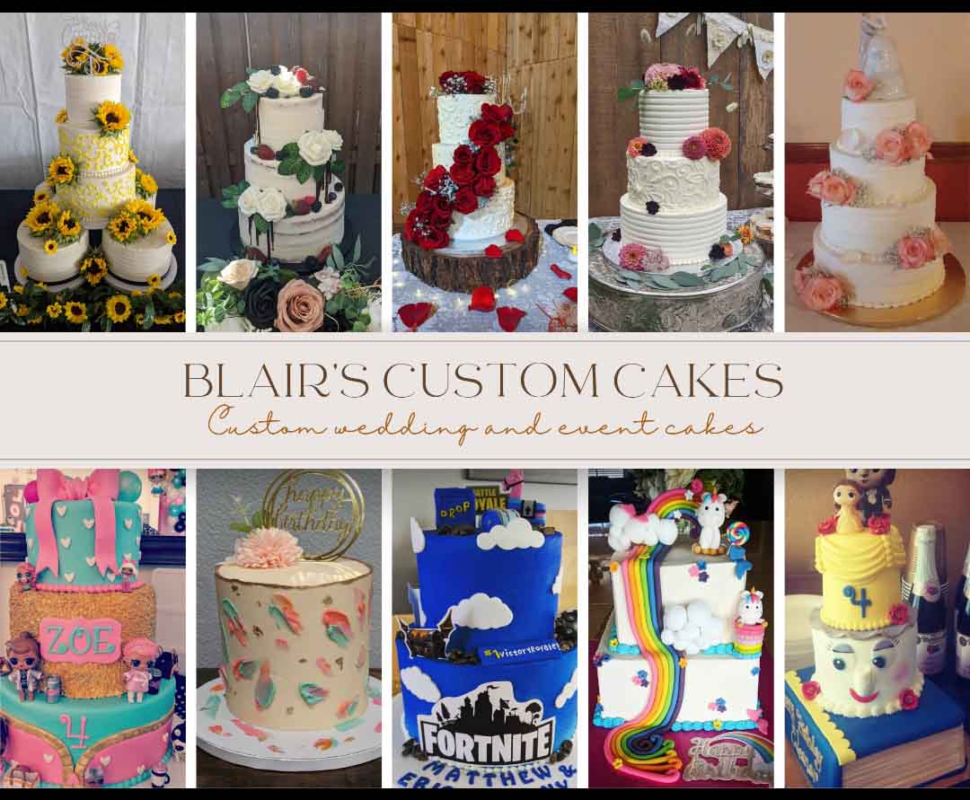 Multiple photos of decorated cakes by Blair's Custom Cakes in McMinnville Oregon